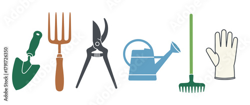 Set of garden tools includes spade fork shears watering can rake gloves