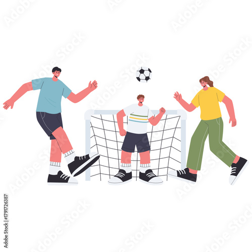 Healthy Families Illustration. Vector illustration of Family plays a casual soccer match by the goal, building teamwork, skills, and fitness outdoors. Isolated on background