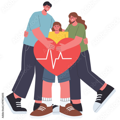 Healthy Families Illustration. Vector illustration of Parents embrace child with a large heart icon and heartbeat line, symbolizing care and health. Isolated on background