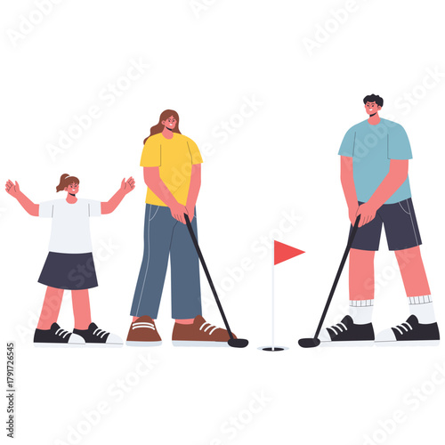 Healthy Families Illustration. Vector illustration of Mother, father, and child play mini golf together, aiming a putt beside a flag. Isolated on background