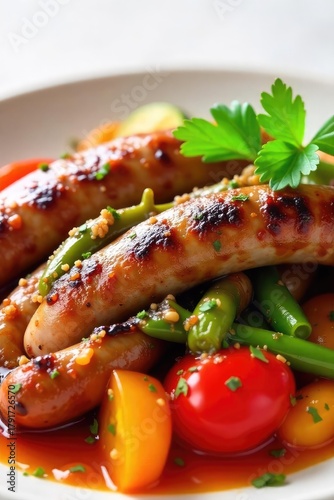 Sizzling Italian sausage and vibrant bell peppers, seasoned to perfection, ready to be served A delicious and colorful culinary creation , garlic, appetizing