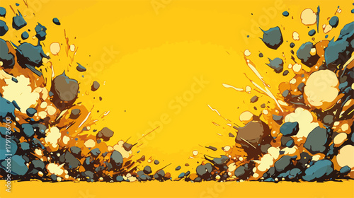 Dynamiczny abstrakcyjny wektor z eksplodującymi kształtami i rozpryskami w kolorze żółtym i niebieskim.
