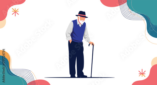 An elderly gentleman with a cane stands with a hand in his pocket.