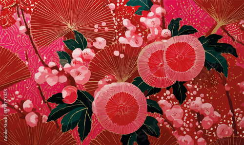 Wektorowy wzór z japońskimi wachlarzami, kwiatami wiśni i owocami granatu na czerwonym tle.