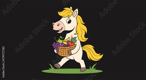 A cute cartoon pony happily carrying a basket filled with fresh colorful fruits and vegetables while walking through a grassy field on a dark background.