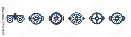 Set of wagon wheel designs. Different styles for vehicle or cart icons.
