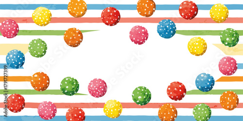 Kolorowe kuleczki z białymi kropkami na tle pasków, wektorowa ilustracja dla dzieci