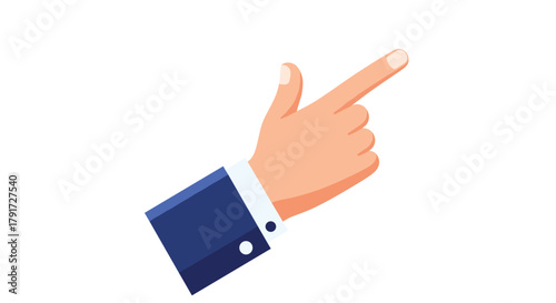 A businessperson's hand in a blue suit jacket pointing upwards with their index finger.