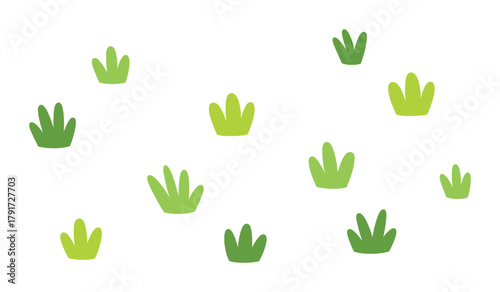 Simple grass elements scattered across a white background creating a fresh green pattern.