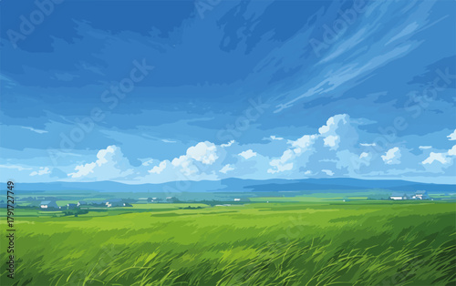 Wektorowa ilustracja rozległego zielonego pola z chmurami na błękitnym niebie, krajobraz wiejski.