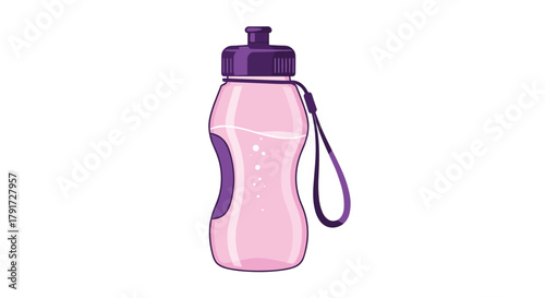 A pink ergonomic water bottle with a purple cap and strap is depicted on a white background.