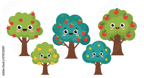 A group of cute cartoon fruit trees with smiling faces.