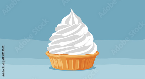 A delicious vanilla soft serve ice cream in a waffle cone sits on a blue background.