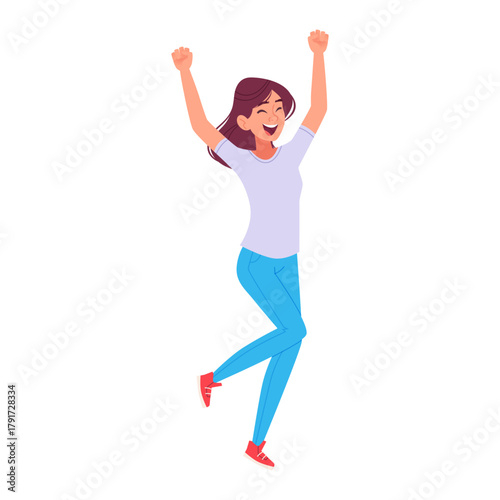 Excited Joyful Young Woman Jumping in Celebration with Arms Raised