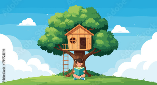 A young girl sits peacefully reading a book under a magnificent treehouse on a beautiful sunny day.