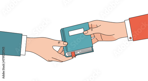 Two hands exchanging a small book or notebook with a red spine.