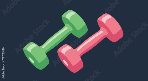 A pair of colorful dumbbells sit on a dark background illustrating fitness and exercise.