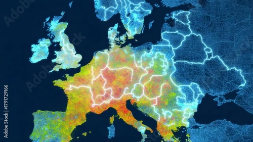 Animated map of europe with abstract data representation on dark background