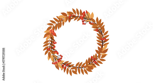 Autumnal wreath made of vibrant fall leaves and berries with a detailed botanical illustration.