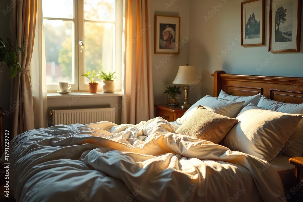 Obraz premium Sunlight streams into a bedroom, illuminating a scene of playful chaos; pillows scattered, sheets askew, hinting at recent joyous laughter A perfect start to the day , new day, morning, comfort