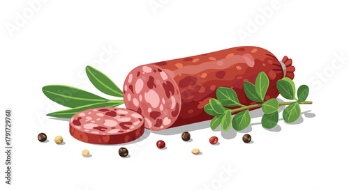A delicious whole salami with a slice cut showing the inside and fresh herbs and peppercorns.