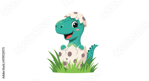 A cute baby dinosaur hatching from its egg surrounded by green grass.