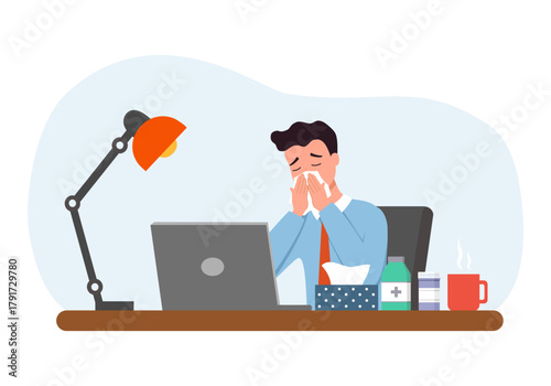 Sick man employee with runny nose and work on laptop. Unhealthy male worker feel sick, busy with online job. Guy use medicine from fever, flu or cold. 