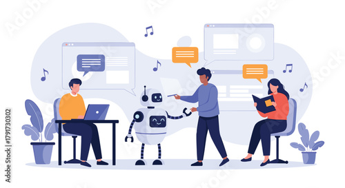 Team collaborating on an artificial intelligence robot project with computers and data visualization.
