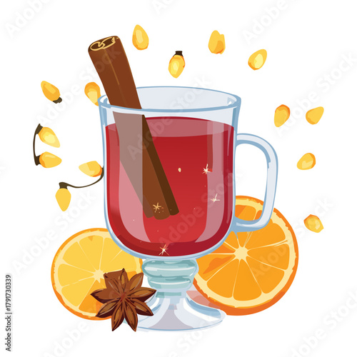 Festive Warm Holiday Drink like Spiced Cider or Mulled Wine with Cinnamon, Orange, and Anise Served in a Glass Cup - Vector Illustration