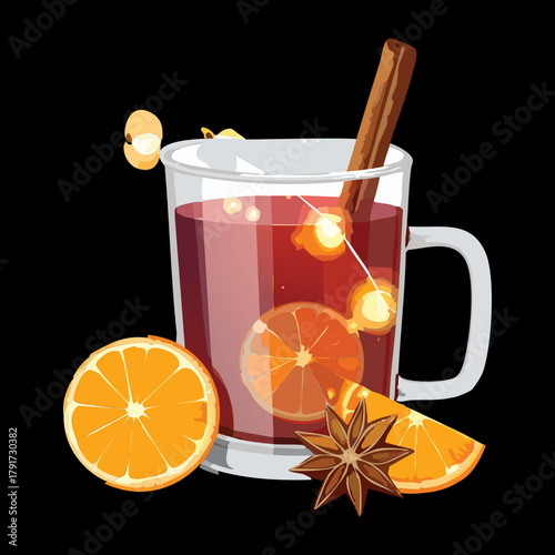 Warm Mulled Wine or Spiced Punch in a Glass Mug Garnished with Cinnamon Sticks, Orange Slice, and Anise - Vector Illustration