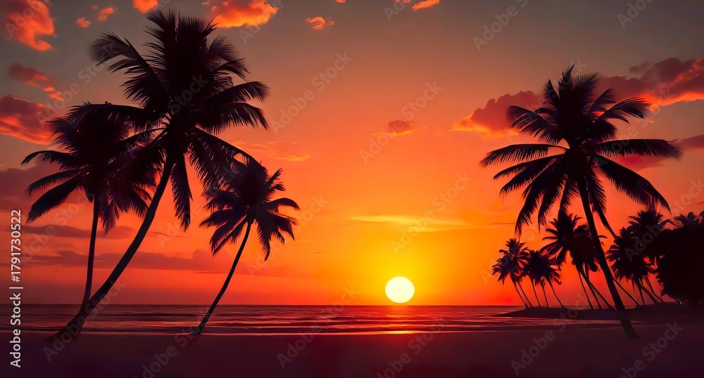Obraz premium Dramatic Orange and Red Sunset Over Tropical Beach with Palm Silhouettes