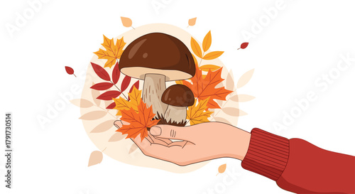 A hand gently holds a mushroom with autumn leaves in the background.
