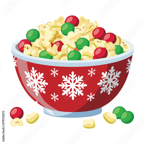 Christmas Popcorn Snack Mix with Colorful Candies and Pretzels Served in a Red Bowl with Snowflake Design - Vector Illustration