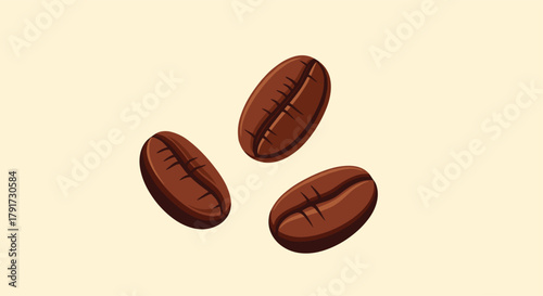 A close up shot of three dark roasted coffee beans scattered on a light tan background.