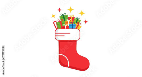 A bright red christmas stocking overflowing with colorful wrapped gifts and sparkling stars against a white background