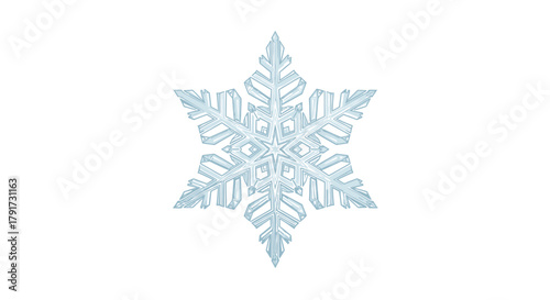 A delicate pale blue geometric snowflake crystal design with intricate symmetrical patterns on a white background