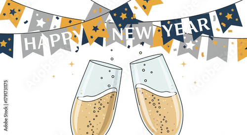 Happy new year celebration with champagne flutes and festive bunting flags with stars and confetti