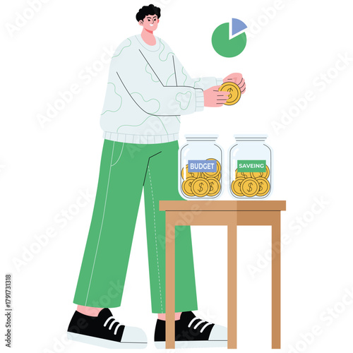 Analyzing Budget Illustration. Vector illustration of Man splitting coins into budget and saving jars for personal finance planning. Isolated on background