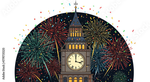 Iconic clock tower illuminated by vibrant fireworks and falling confetti against a dark night sky