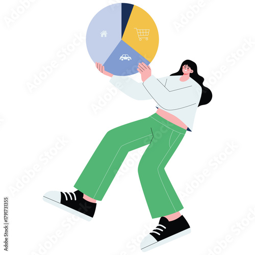 Analyzing Budget Illustration. Vector illustration of Woman holding a pie chart showing budget categories for home, shopping, and car. Isolated on background