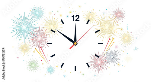 Clock face showing nearly midnight surrounded by colorful fireworks and sparkling stars celebrating the new year
