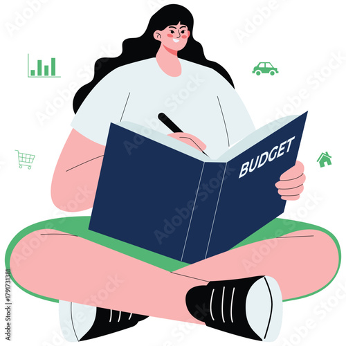 Analyzing Budget Illustration. Vector illustration of Young woman writes a budget journal with icons for home, car, cart, and chart, showing mindful personal finance planning. Isolated on background