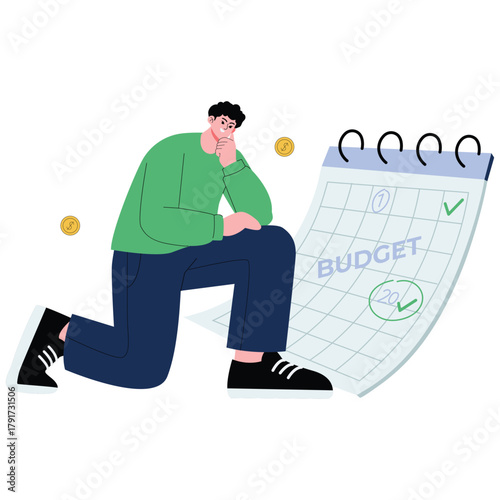 Analyzing Budget Illustration. Vector illustration of Man plans payments on a budget calendar with marked dates, highlighting schedule and expense control. Isolated on background