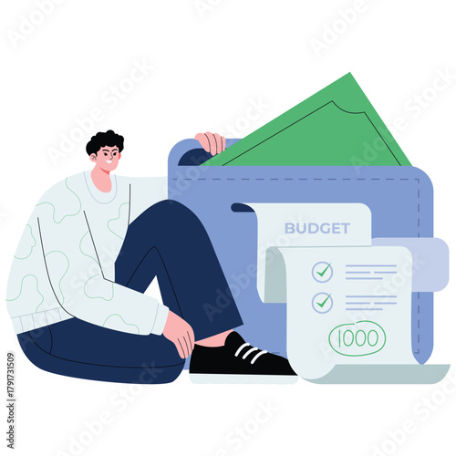 Analyzing Budget Illustration. Vector illustration of Man manages a large wallet with receipts and budget slips, focusing on expense tracking and control. Isolated on background