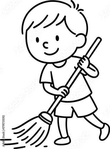 Happy cartoon boy sweeping floor with broom illustration