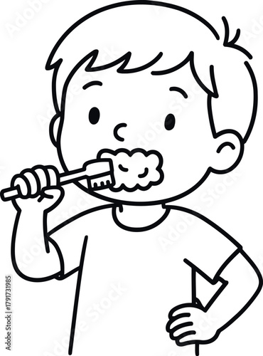 Young boy brushing teeth with toothbrush and toothpaste cartoon