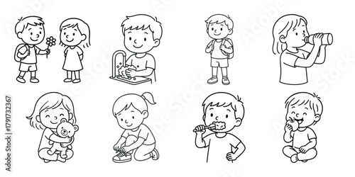 Whimsical hand drawn children engaged in various activities and poses