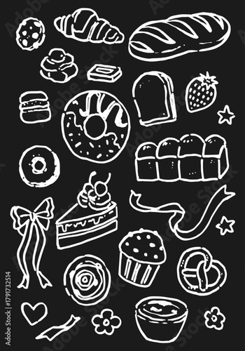 Hand draw bakery and dessert doodles. Vector illustration of bread and cake icons in naive art style , crayon drawing. Minimalist white chalk line art.