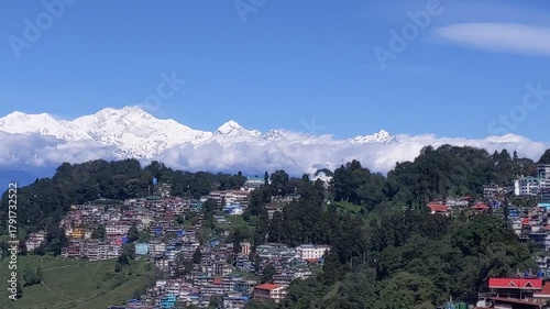 Snow covered mountain peaks highest himalaya under clear blue sky and world top tea production city darjeeling of India.scenic view of snow covered peaks himalayan with beautiful city landscape.