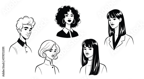 Vector illustration of diverse group of people with different hairstyles and clothing styles, illustrated in a simple black and white line art style